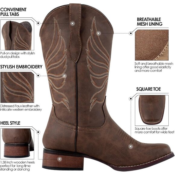 Women's Brown Calf-High Fashion Square Toe Faux Leather Western Cowgirl Boots - Picture 3 of 9